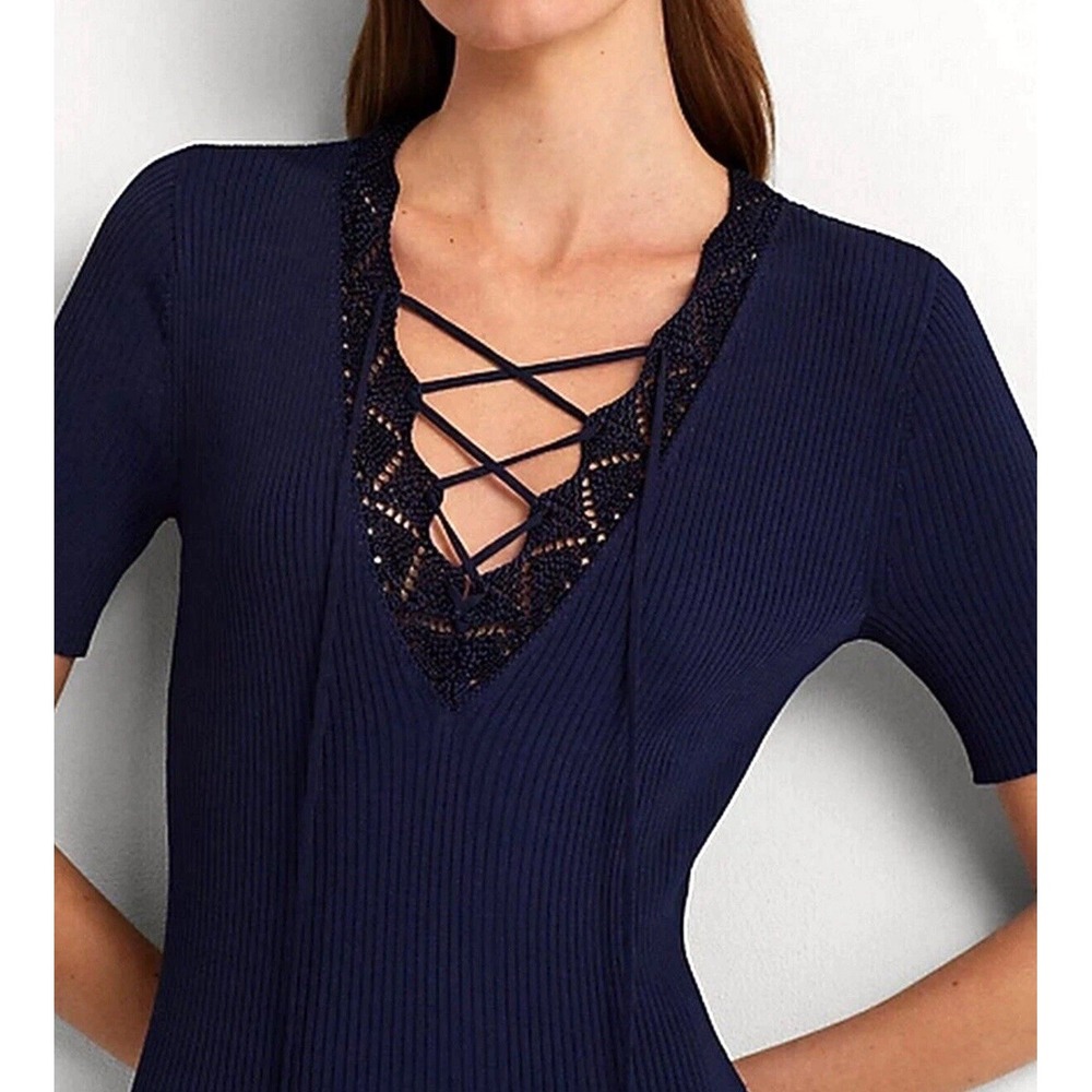 Lauren Ralph Lauren Women's‎ Lace-Trim Rib-Knit Dress Refined Navy Size L $225 - Picture 3 of 12